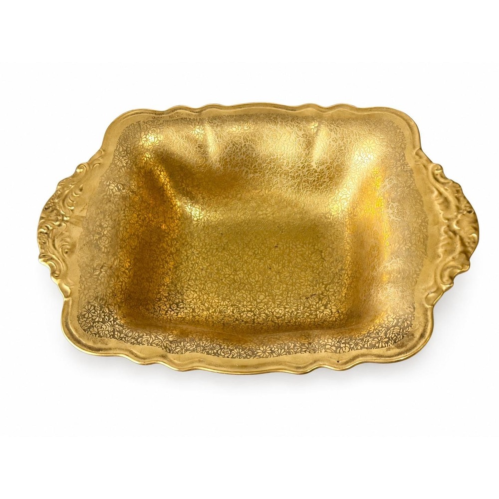 Vintage Pickard Handle Dish China 24k Gold Encrusted Etched Daisy Rose Rectangle